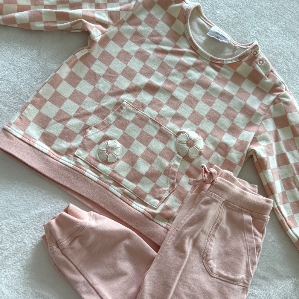 Angel Dear Girls‎ 2pc Set Pink Gingham Floral Pocket 4T Organic Cotton